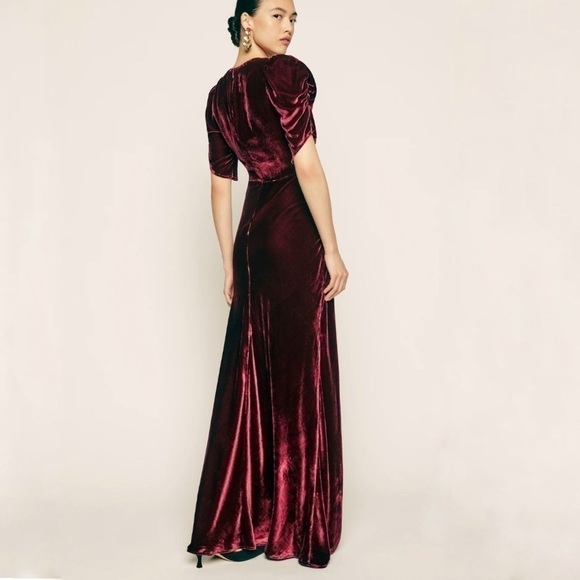 NWT Reformation Malaga Velvet Dress Ruby Red Velvet Lace Puff Shoulder Chianti - Picture 4 of 14